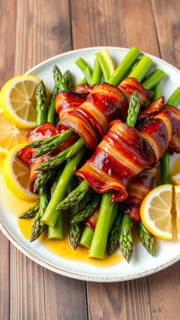 Asparagus wrapped in crispy bacon on a plate, garnished with lemon wedges.